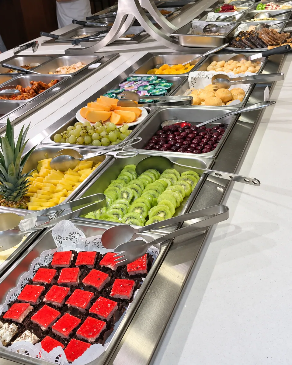 Station desserts : petits gâteaux rouges, tranches de kiwi, ananas, raisin.