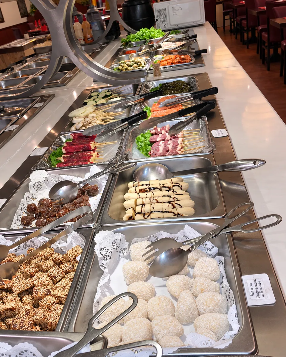 Bacs du buffet : brochettes de bœuf et de porc, boulettes à la noix de coco, gâteaux au sésame.